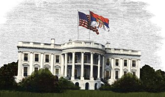 Serbian Day 1918, Illustration Of Serbian Flag Along American Flag On The White House In 1918.jpg